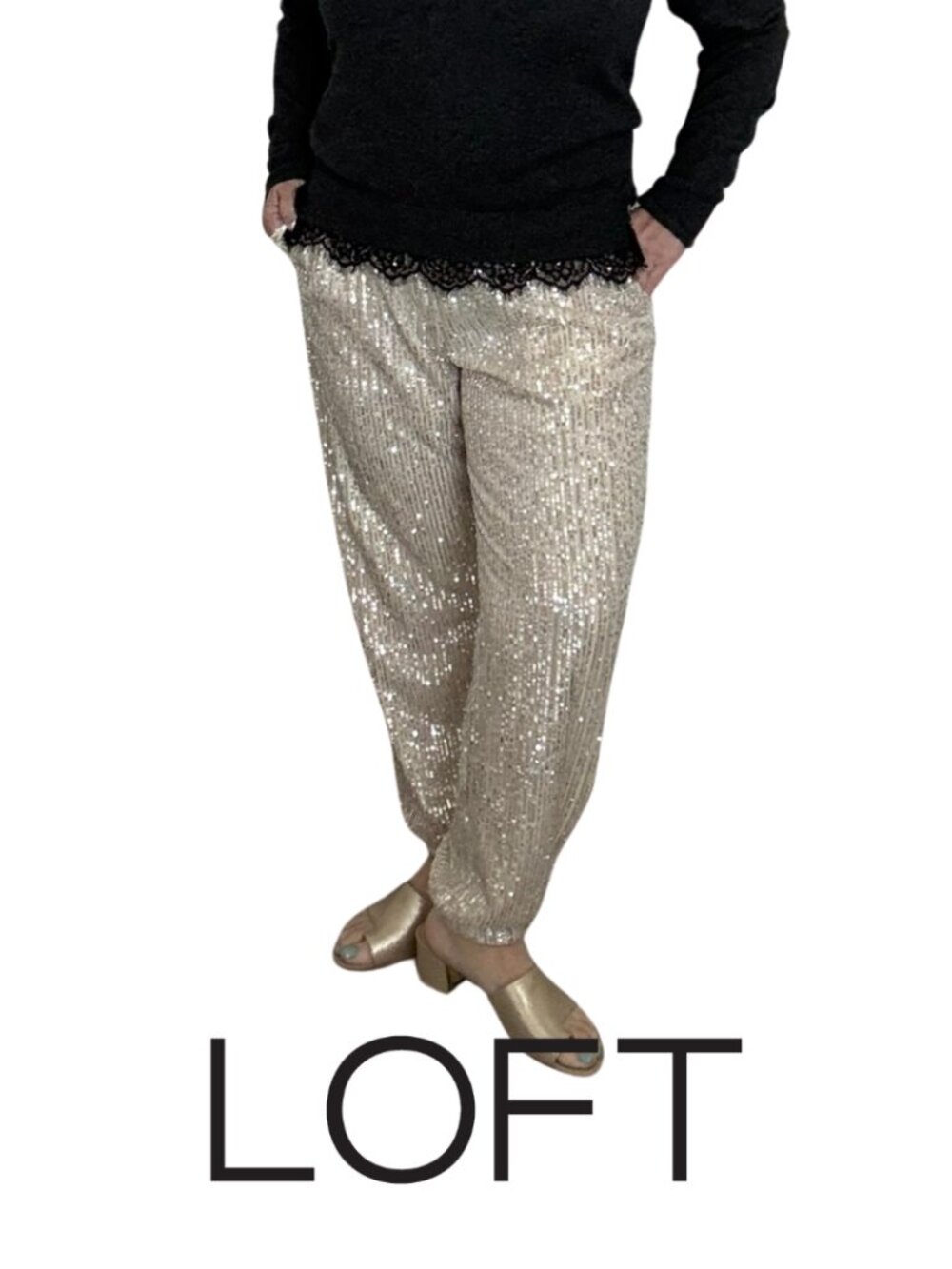 Loft Sequin Jogger Pants Cream Womens Pants Sz Medium Holiday Party Dressy
